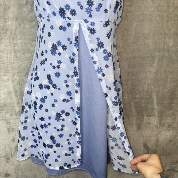 Vtg Y2K 575 Blue Floral Slip Dress Mesh Overlay Made in USA Sz 7 Fairy Coquette - Picture 2 of 10